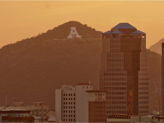 Image of downtown Tucson and A-Mountain as the sun sets